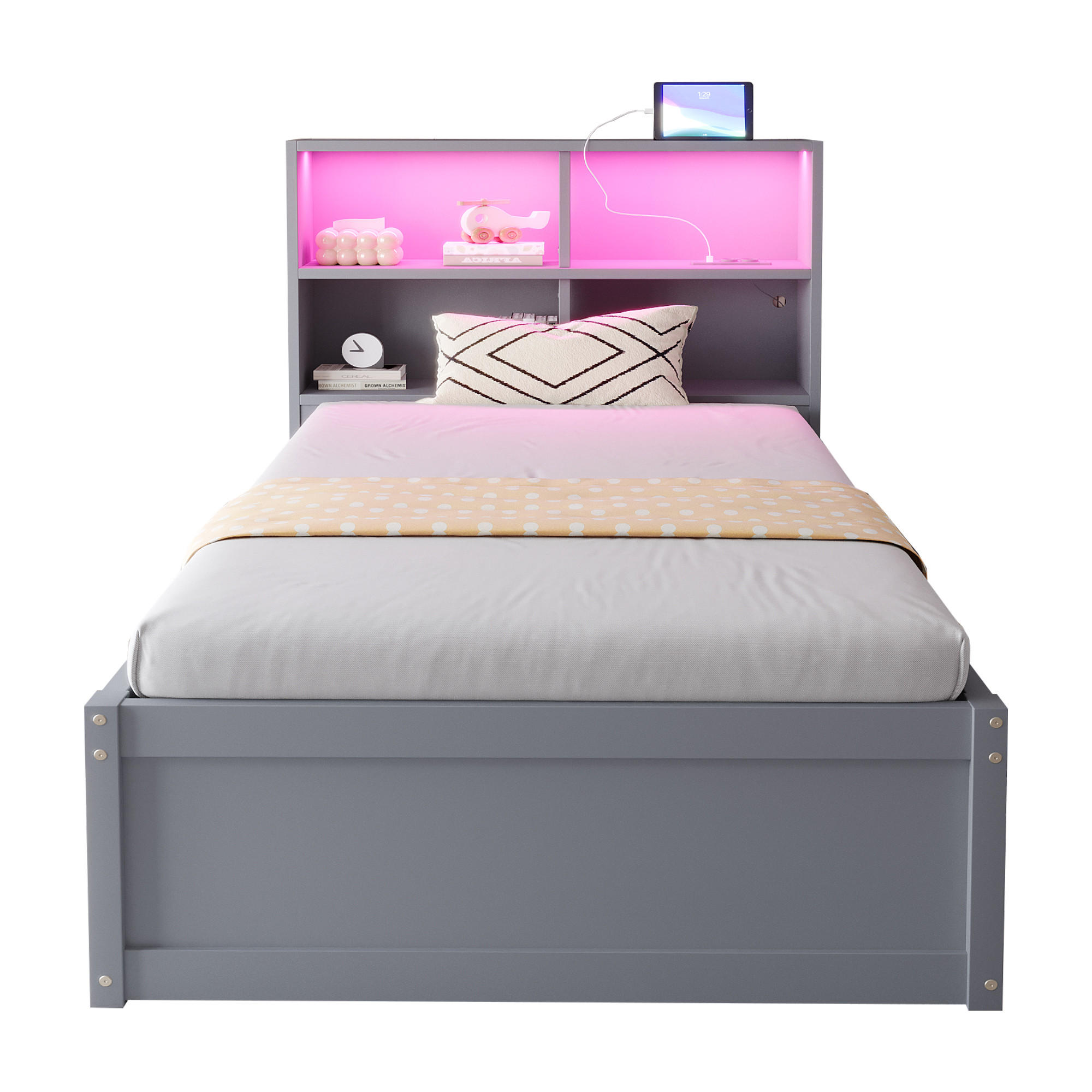 BETT 90/200 cm mit Multifunktionssteckdose, LED-Beleuchtung & Stauraum Grau - Grau, Holz (90/200cm) - OKWISH