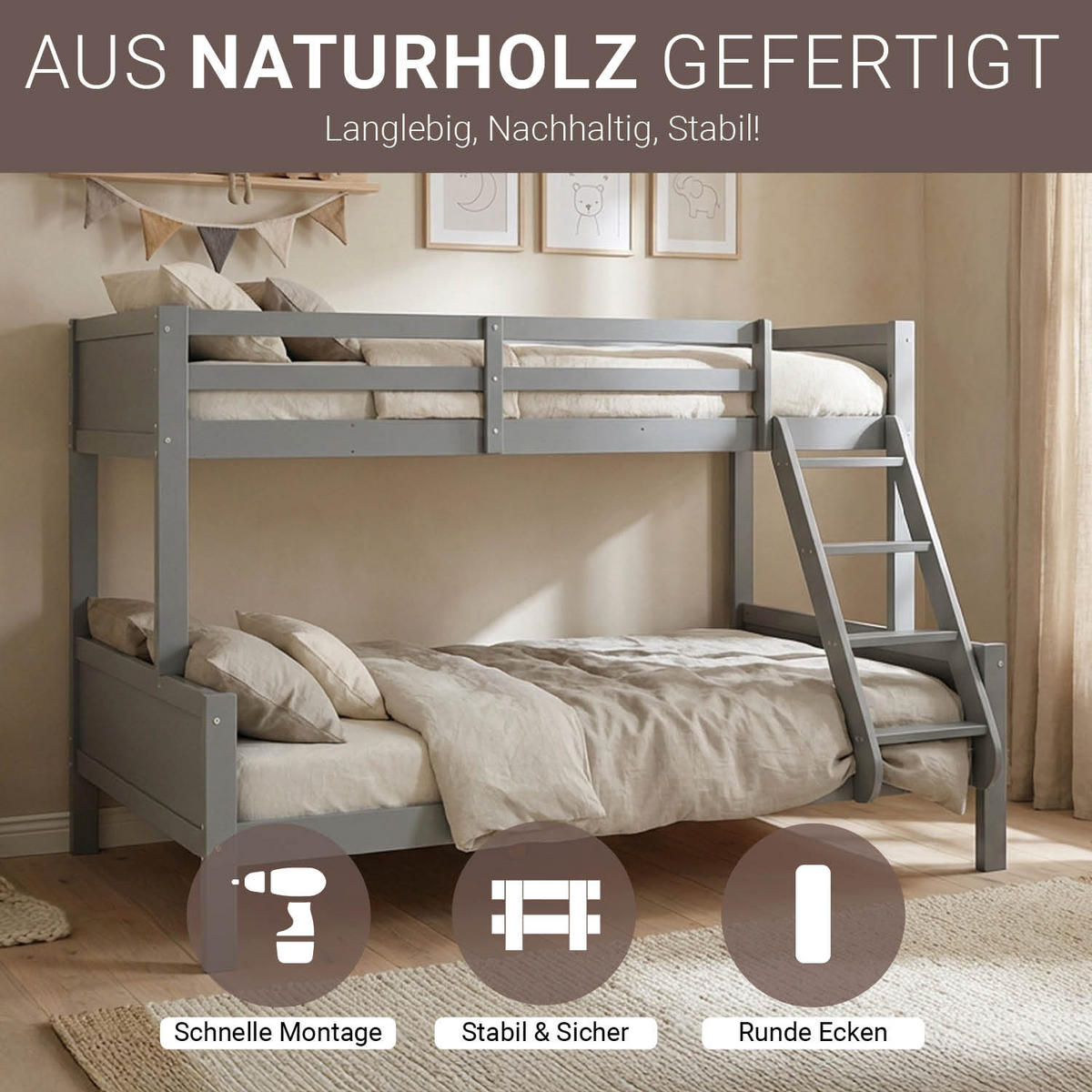 ETAGENBETT 90/200 cm und 140/200 cm mit Matratzen Grau - Grau, Holz - Homestyle4u