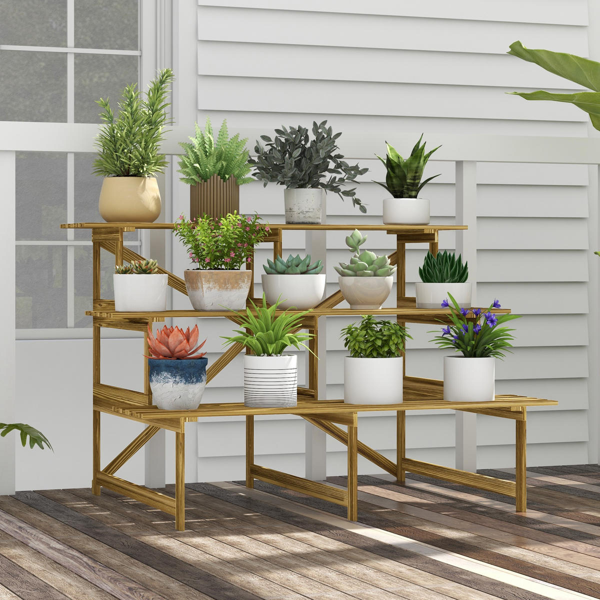 PFLANZENTREPPE, Tannenholz, Verkohlt - Braun, Holz (80/78/120cm) - Outsunny