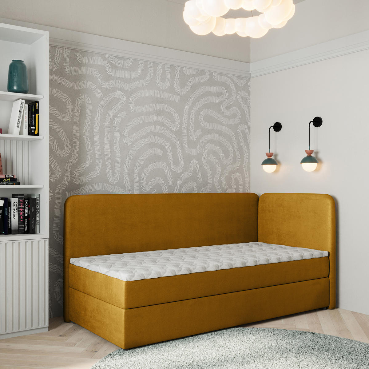 BOXBETT GINA 90x200 cm mit Matratze und Topper, H2+H3 - Gelb - Gelb, Holz (90/200cm) - MASSENO