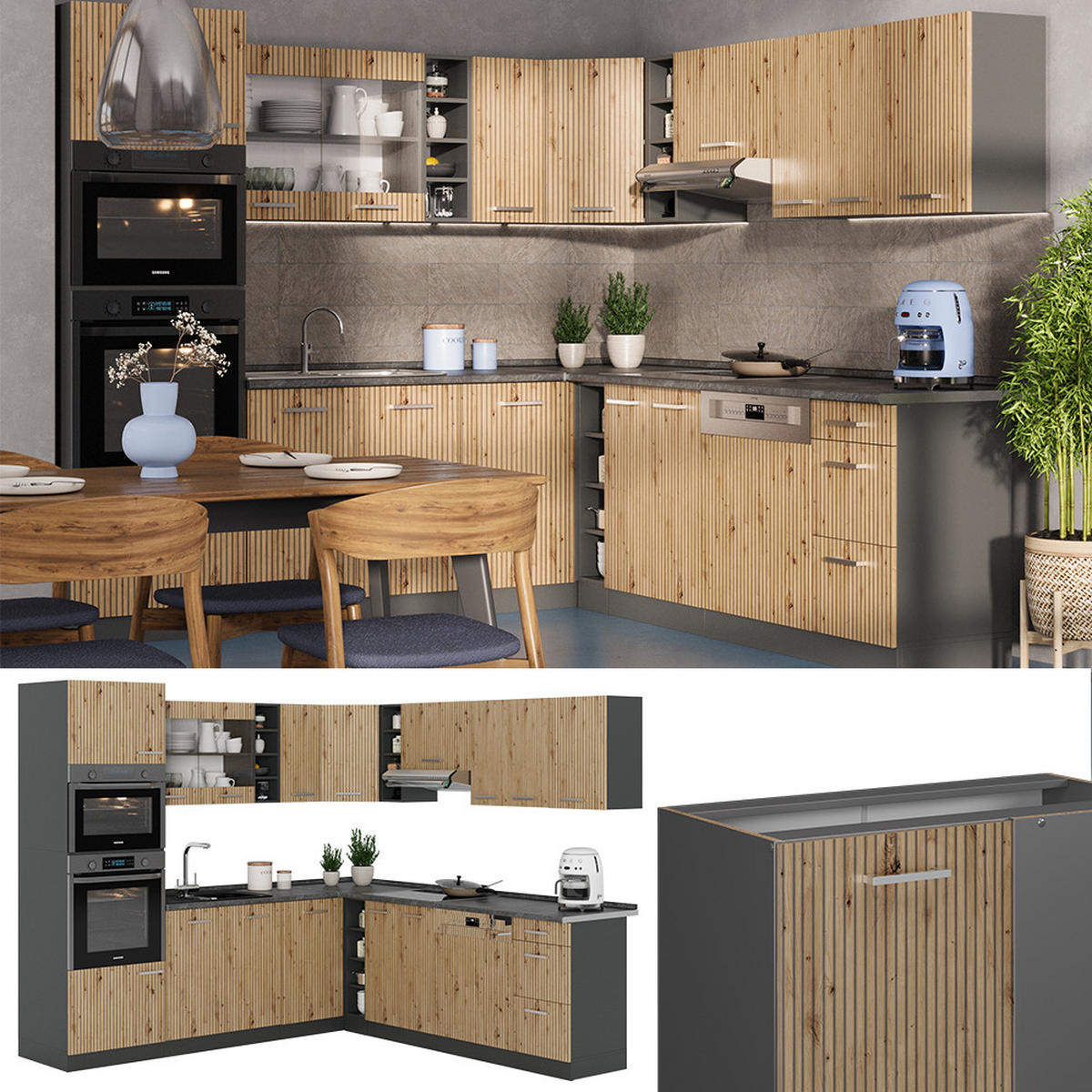 ECKKÜCHE R-Line Artisan Eiche/Anthrazit 237 x 247 cm, AP Eiche - Anthrazit/Eiche Artisan, Holzwerkstoff (247/81.6/60cm) - Vicco