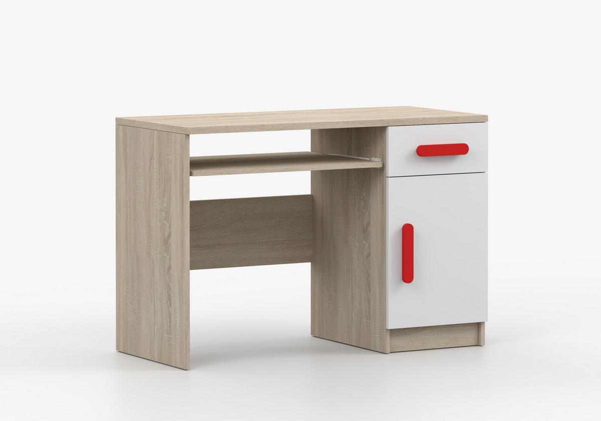 JUGENDZIMMER Elora in Eiche und Weiß – 6-teiliges Set – Grifffarbe Rot - Braun, Holzwerkstoff (80/200/120cm)