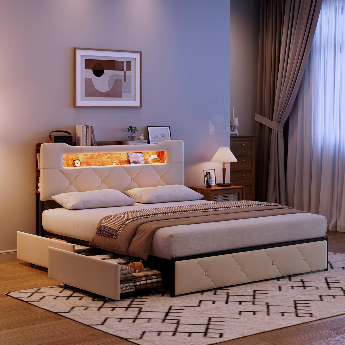 POLSTERBETT 160x200 cm LED USB Schubladen beige - Beige, Holz (160/200cm) - LEBENLANG