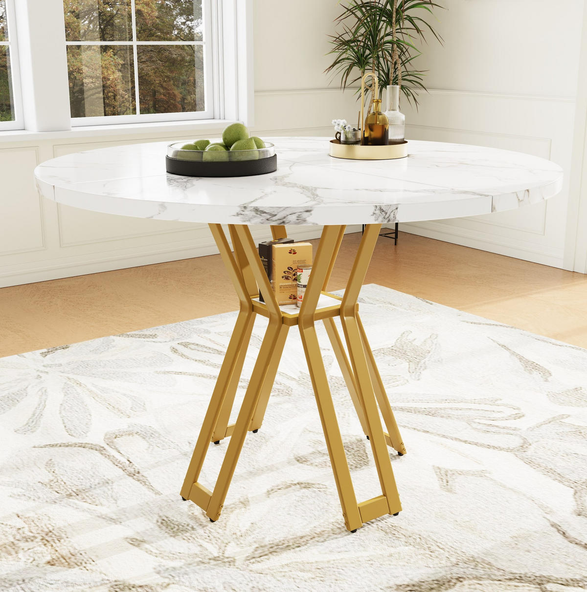 ESSTISCH 100x100x76 cm in Weiß und Gold aus MDF mit Marmoroptik auf goldfarbenen Metallbeinen - Goldfarben, Holzwerkstoff (100/100/76cm) - Modfu