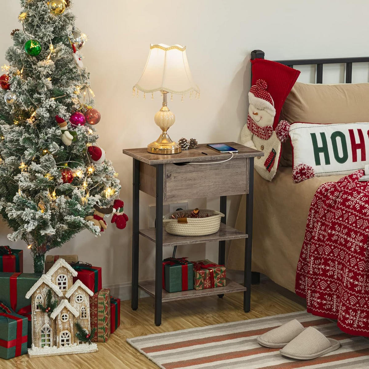 BEISTELLTISCH BRAUN Sofatisch mit Ladestation - Greige/Schwarz, Holzwerkstoff (48/26/64cm) - Hoobro