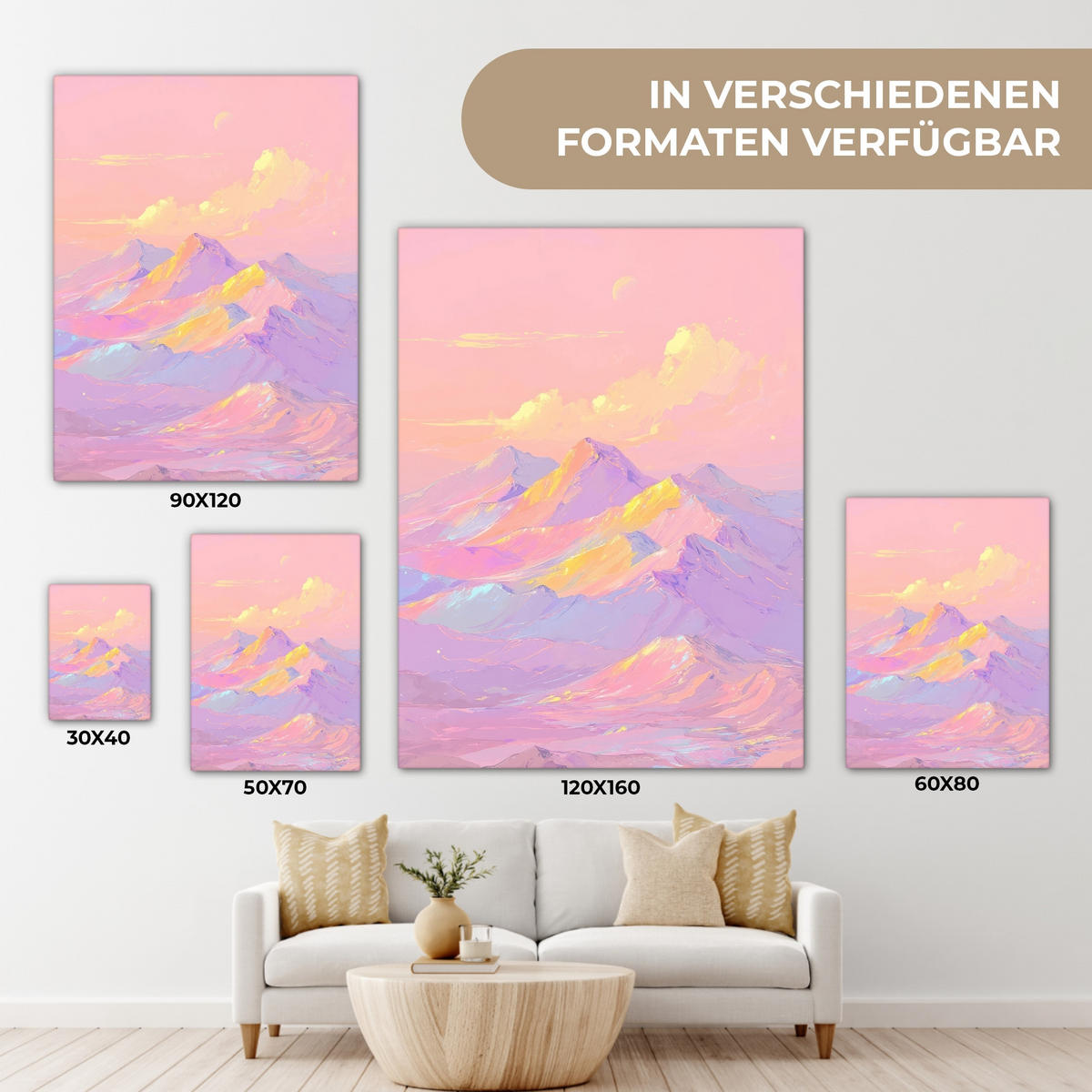 LEINWANDBILD Berggipfel - Wolken - Verträumt Wandbild Wohnzimmer 60x80 cm - Hellrosa, Textil (60/80cm) - MuchoWow