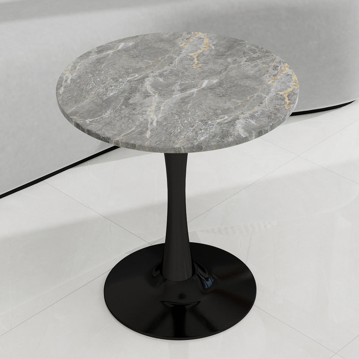 BEISTELLTISCH 70/70/72 cm mit runder Tischplatte in Marmoroptik und schlanken hohen Beinen, Schwarz, Grau - Grau, Stein (70/70/72cm) - Redom