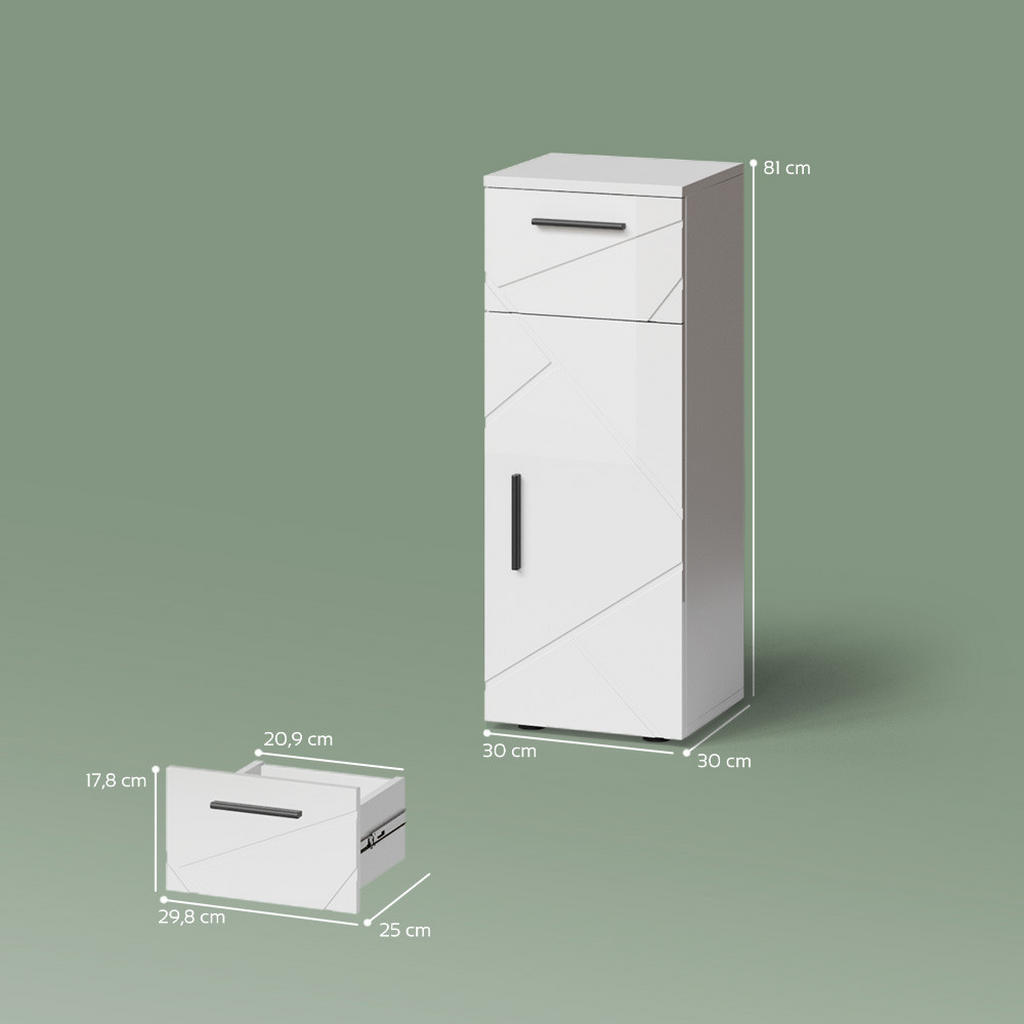 Thumbnail - Livinity® Midischrank, Weiß Hochglanz, Holzwerkstoff, 3 Fächer, 1 Schubladen, Quadratisch, 30x81x30 cm, Badezimmer, Bade...