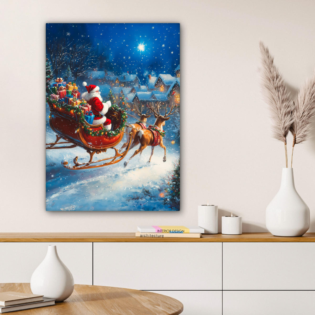 LEINWANDBILD Weihnachtsmann - Rentier - Weihnachten - Schnee 60x80 cm - Cognac, Textil (60/80cm) - MuchoWow