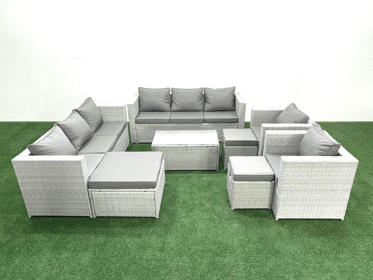GARTENGARNITUR mit 3-SITZER SOFA,COUCHTISCH Polyrattan Hellgrau-Mix 11-Sitzer - Hellgrau/Grau, Glas/Kunststoff - Fimous