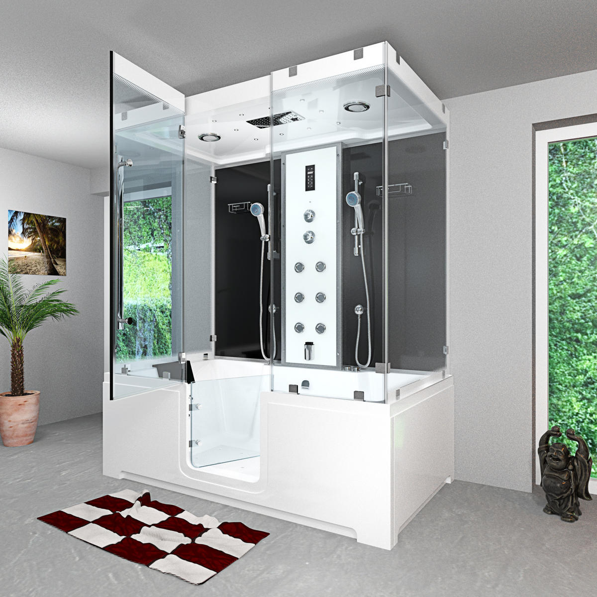 BADEWANNE mit Tür Dusche K88-SW-EH-B-EC-EA Duschtempel - Schwarz, Glas/Kunststoff (100/228/180cm) - AcquaVapore by Sandra Jentho