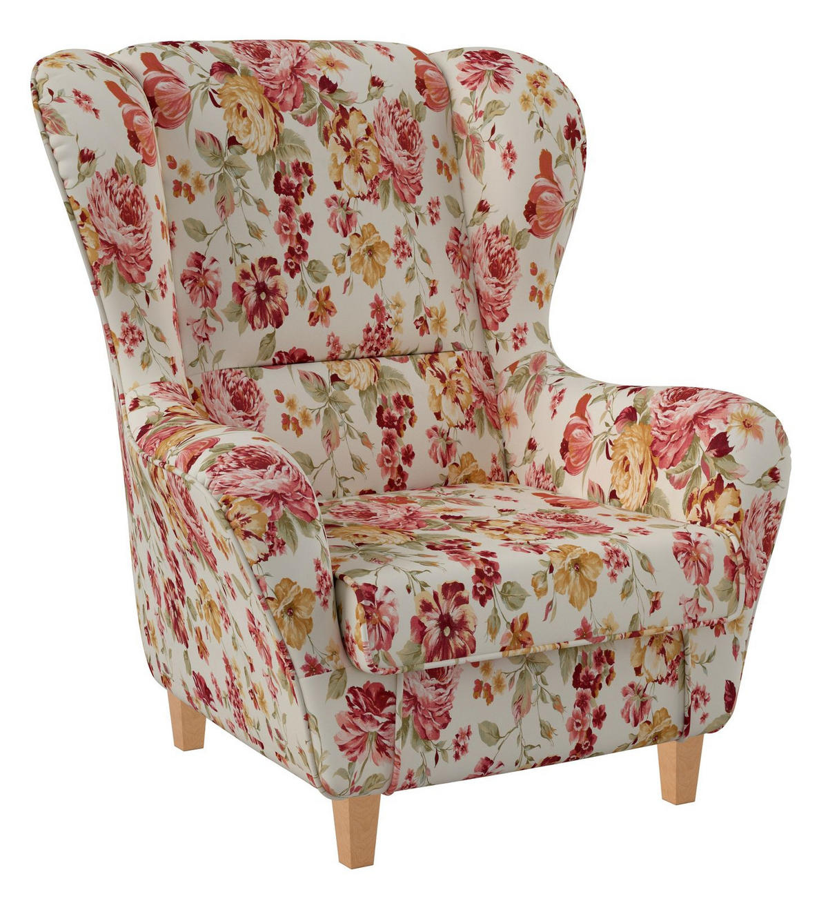 OHRENSESSEL Sofia Relaxsessel mit Hocker | Design Pfingstrose - Beige/Rosa, Textil (92/68/95cm) - Supellex