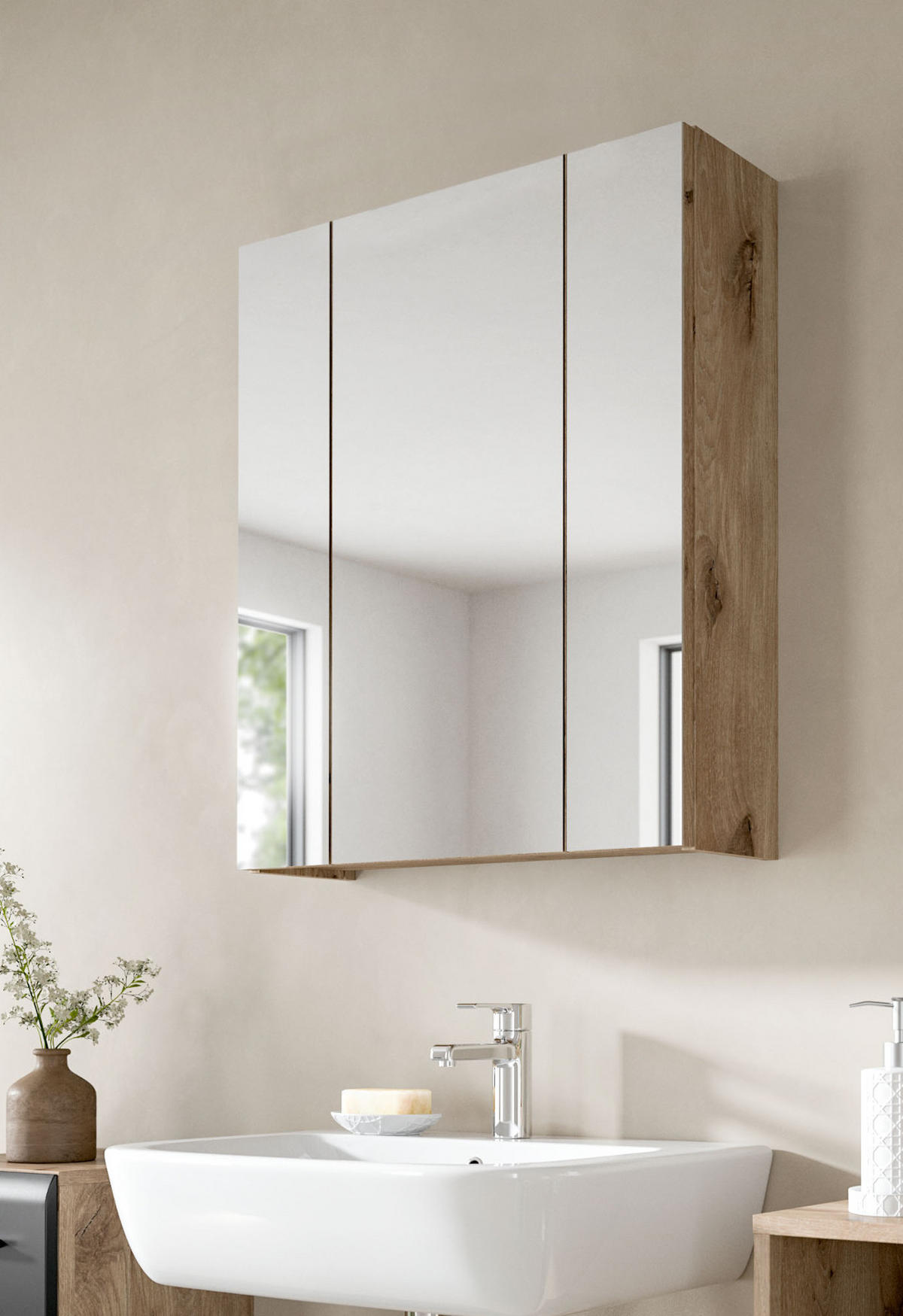 SPIEGELSCHRANK Eiche Nox, Badschrank Spiegel 3-türig / 3D, 9 Fächer 60 x 70 cm - Eichefarben, Glas/Holzwerkstoff (60/70/18cm) - Inn.Furn