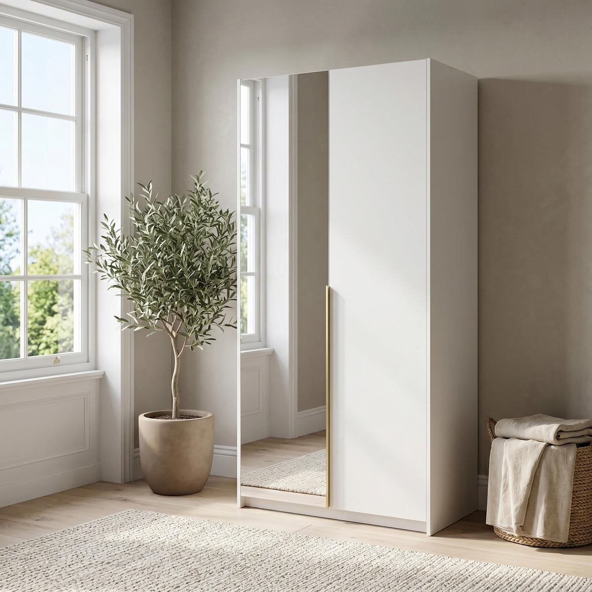 DREHTÜRENSCHRANK THALIA 100/204/58cm 2-türig mit Spiegel Weiß - Weiß, Holzwerkstoff (100/204/58cm) - MASSENO
