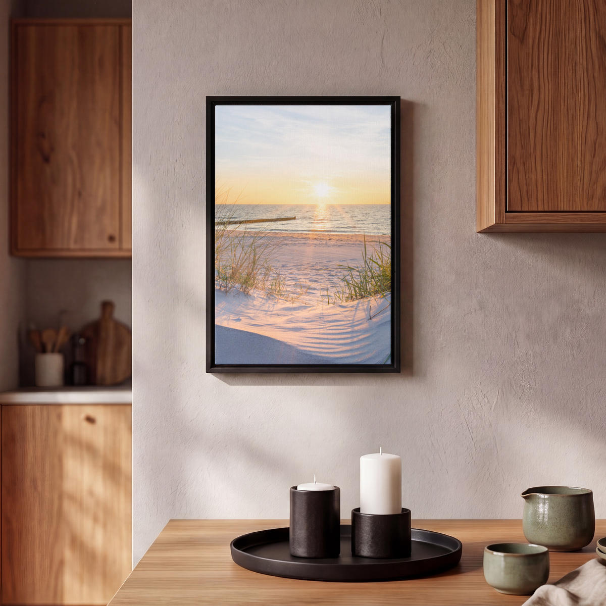 LEINWAND Bilder mit Rahmen - Strand - Sonne - Düne - Gras - Sand - Horizont - 20x30 - Hellblau, Textil (20/30cm) - MuchoWow