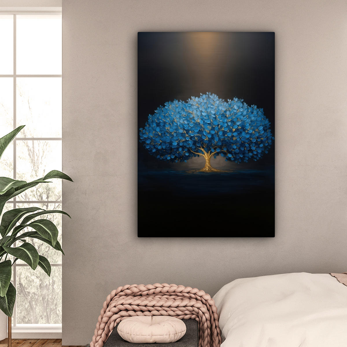 LEINWANDBILD Baum - Blau - Blätter - Pinselstriche Deko XXL 80x120 cm - Blau, Textil (80/120cm) - MuchoWow