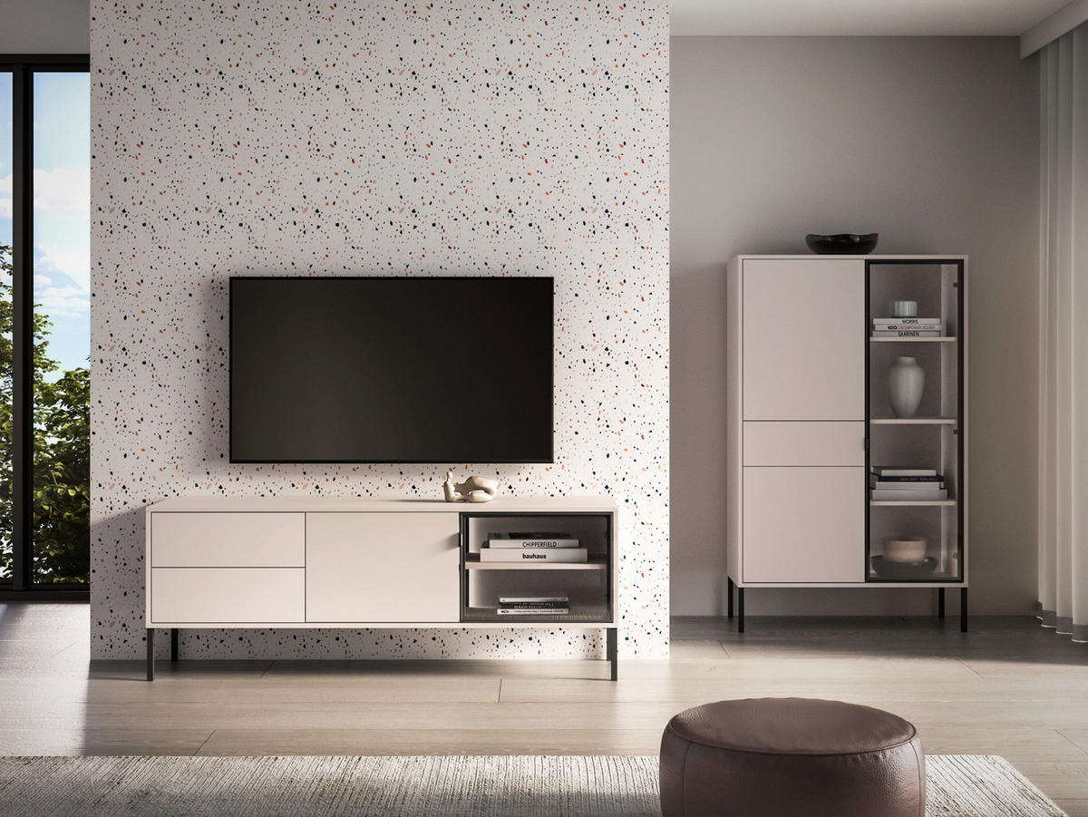TV-LOWBOARD Barnee mit beleuchteter Glasvitrine, Kaschmirgrau, 160 cm - Taupe/Schwarz, Holzwerkstoff/Metall (160/58.9/40cm) - Selsey