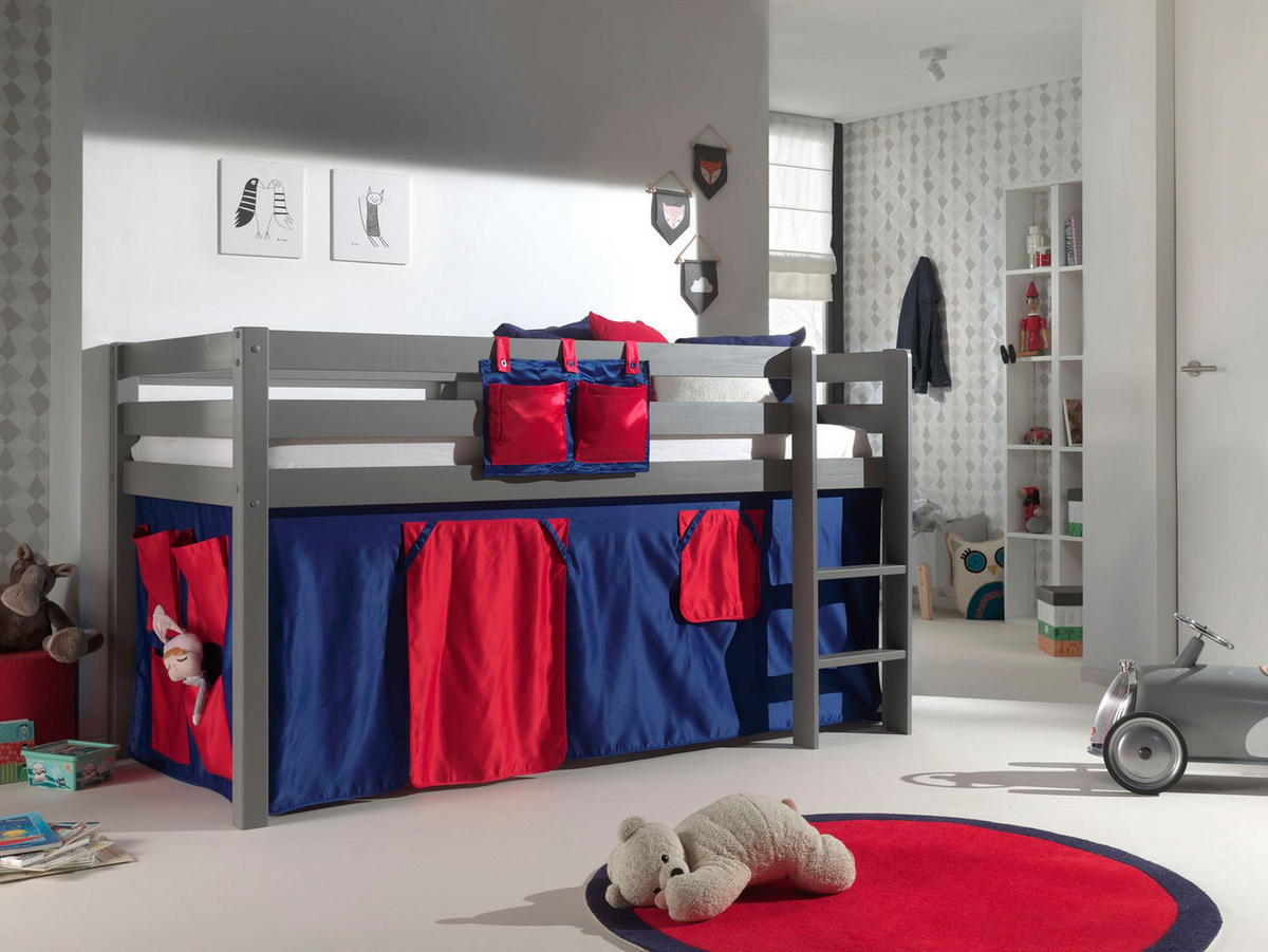 KINDERBETT Karolina 210x114x106 Massivholz Grau Textilset Domino - Dunkelblau/Grau, Holz (90/200cm) - 58aufmkessel