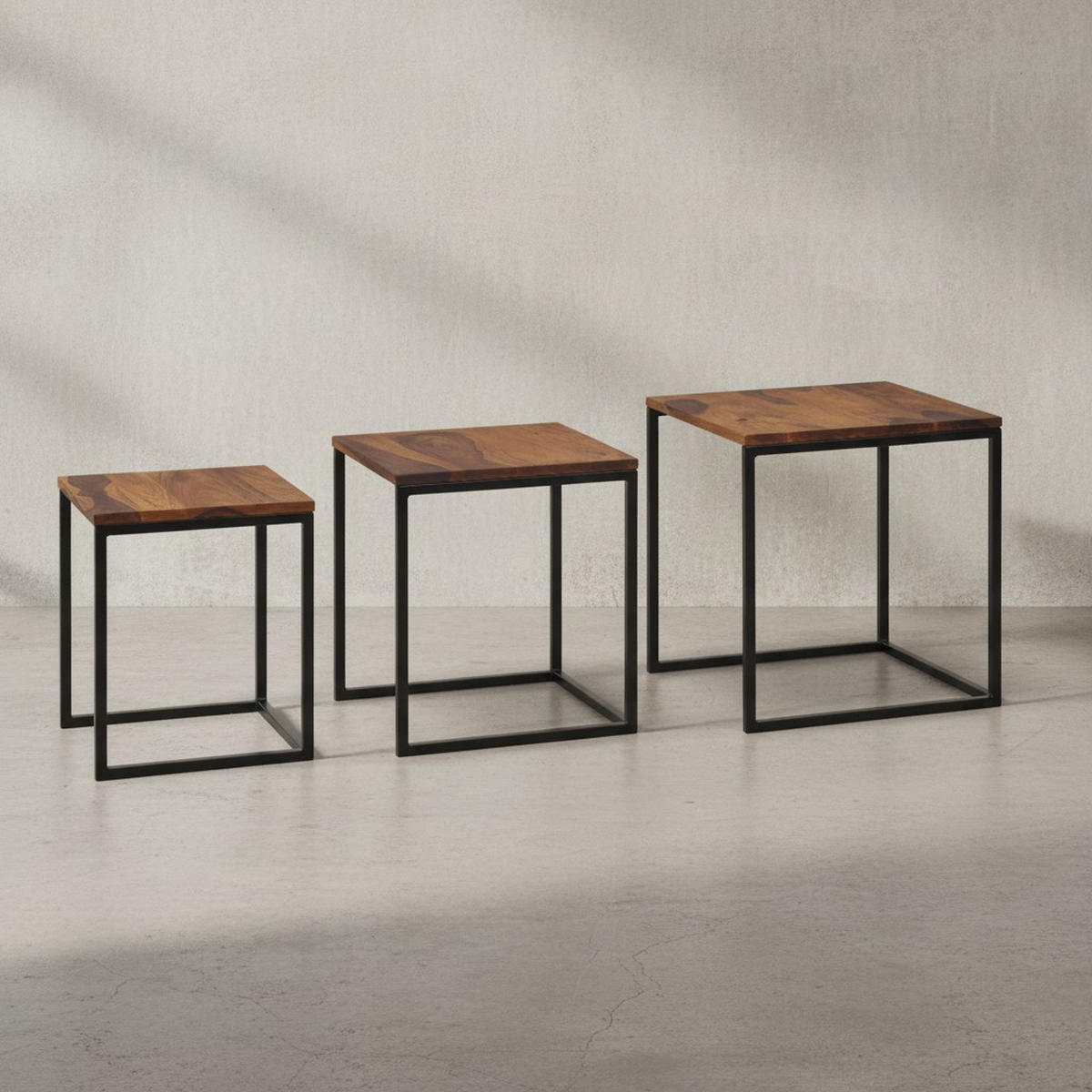 BEISTELLTISCH Set – Massivholz Metall Braun Schwarz rund 3 Größen - Schwarz/Braun, Holz/Metall (40/40/42cm) - KADIMA DESIGN