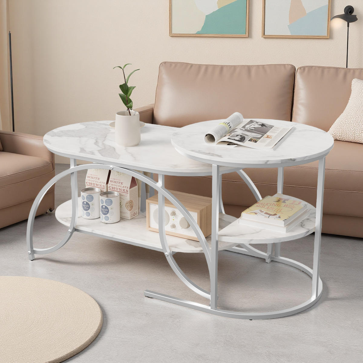 COUCHTISCH oval mit Ablage, Marmoroptik Weiß, Silber Metall - Weiß, Metall (80/46/51cm) - SHOPENTRA
