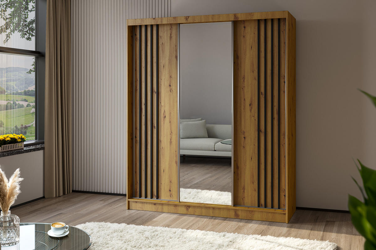 KLEIDERSCHRANK mit Spiegel-Schiebetüren und Aluminium-Leisten - NALLA - 180 cm Artisan+Artisan+Schwarz - Schwarz/Eiche Artisan, Holzwerkstoff (180/216/61cm) - ALTDECOR