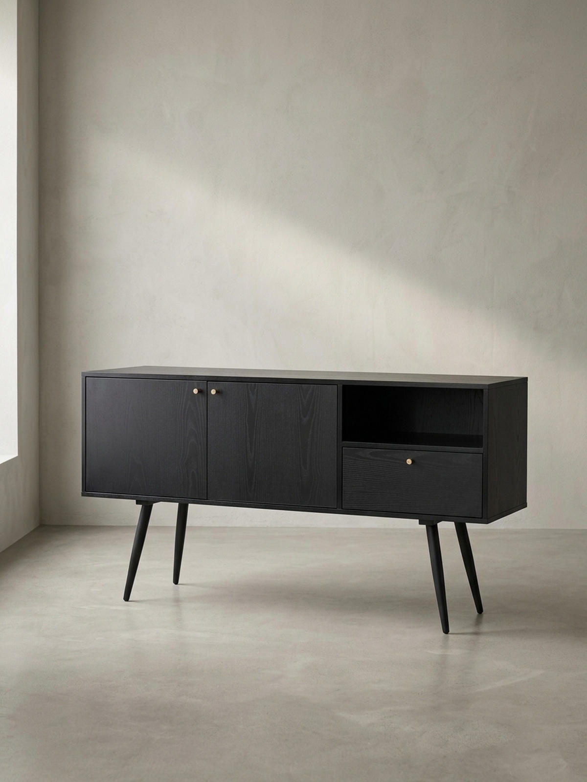 SIDEBOARD – Schwarz/Eiche-Dekor, 140x75x40 cm, mit 2 Türen, Schublade, offenes Fach - Schwarz, Holzwerkstoff/Metall (140/75/40cm) - KADIMA DESIGN