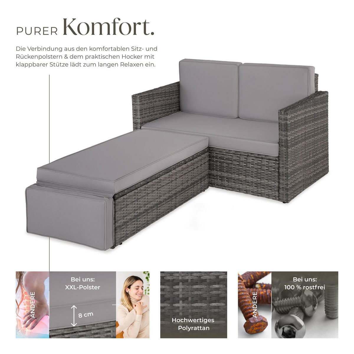 RATTANLOUNGE Korfu mit Sofa & Hocker, UV-beständig, Wasserabweisende Kissen, Grau, Sofa 119 x 64,5 x 71,5 cm - Grau, Kunststoff - tectake