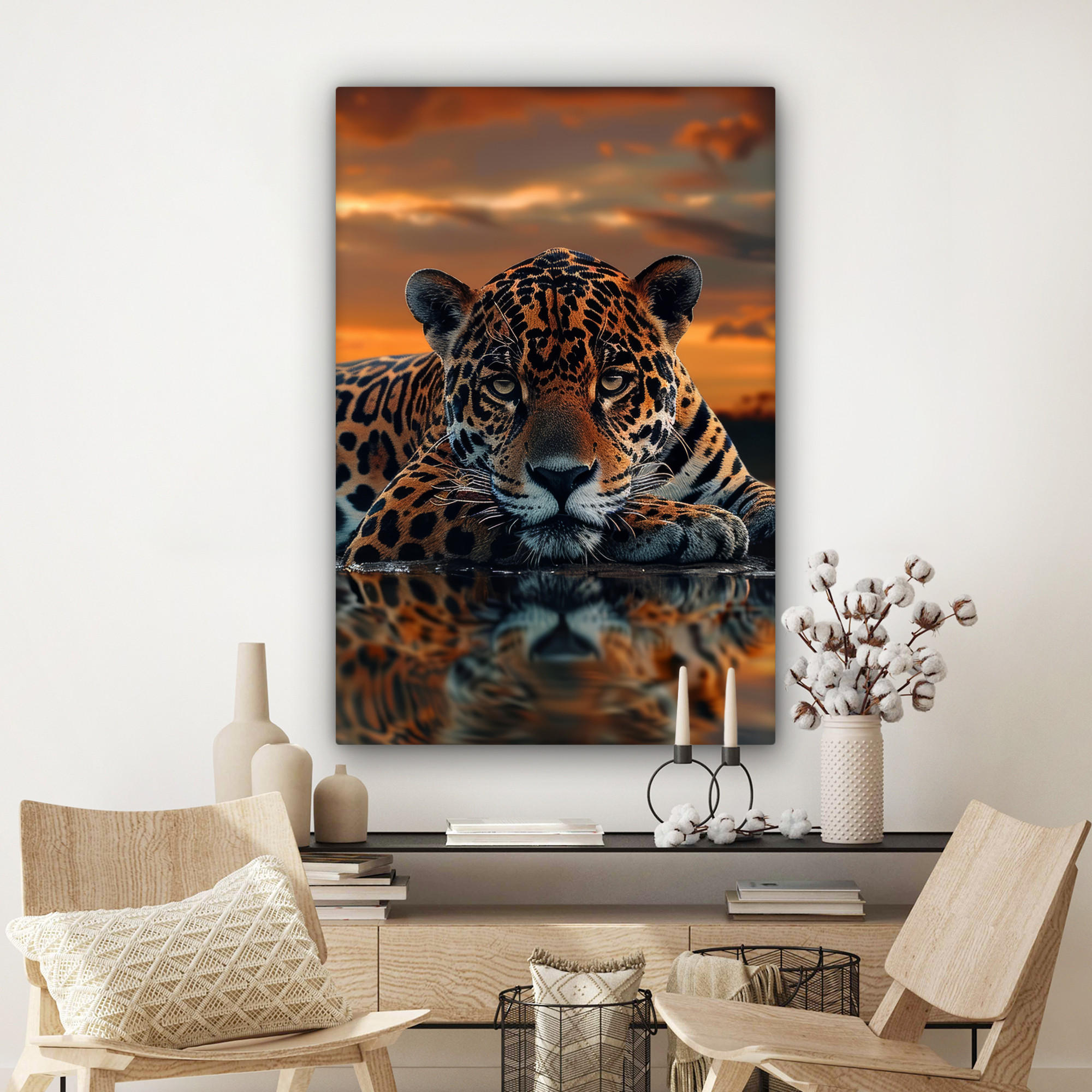 LEINWANDBILD Natur - Leopard - Tier - Sonnenuntergang - Modern 90x140 cm - Orange, Textil (90/140cm) - MuchoWow