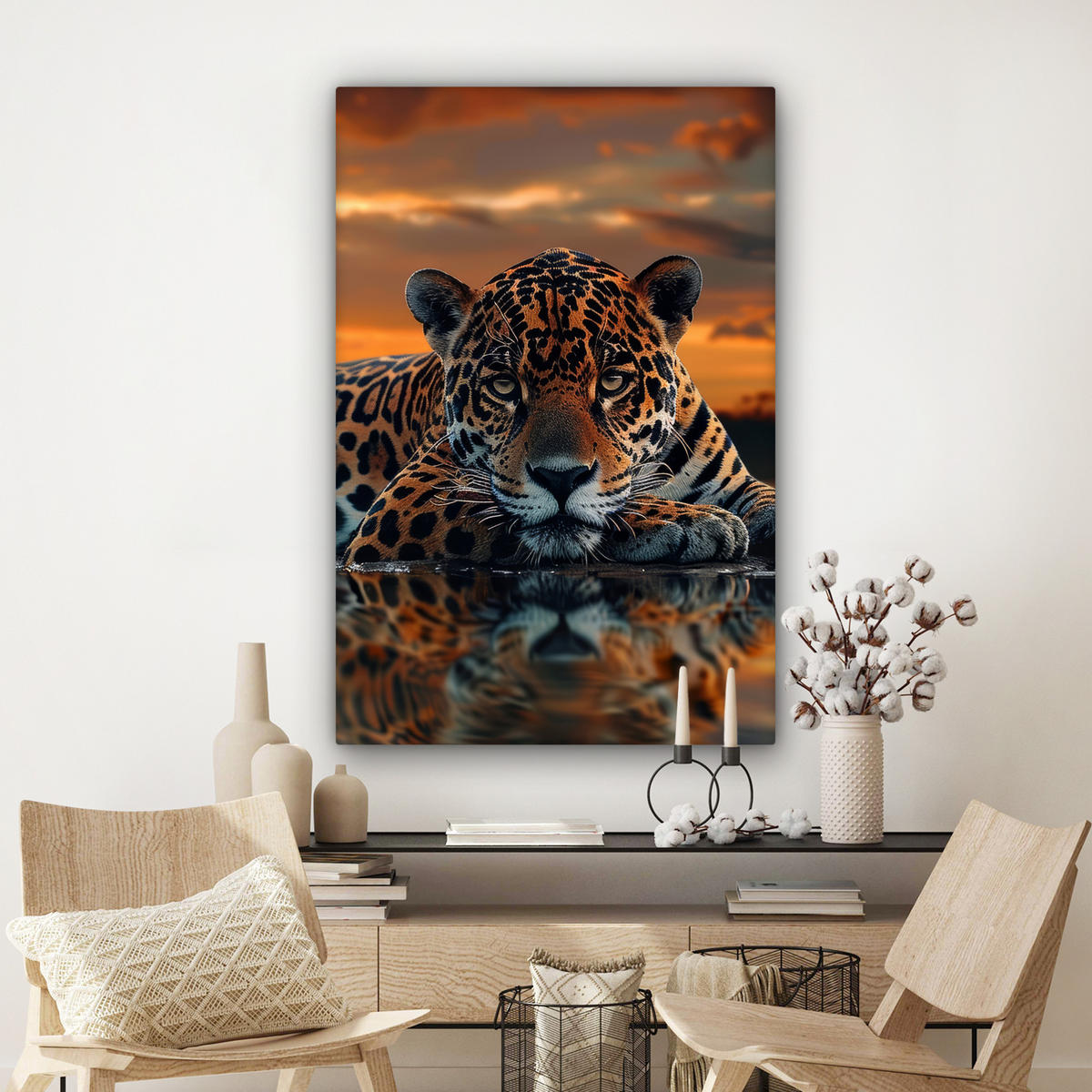 LEINWANDBILD Natur - Leopard - Tier - Sonnenuntergang - Modern 80x120 cm - Orange, Textil (80/120cm) - MuchoWow