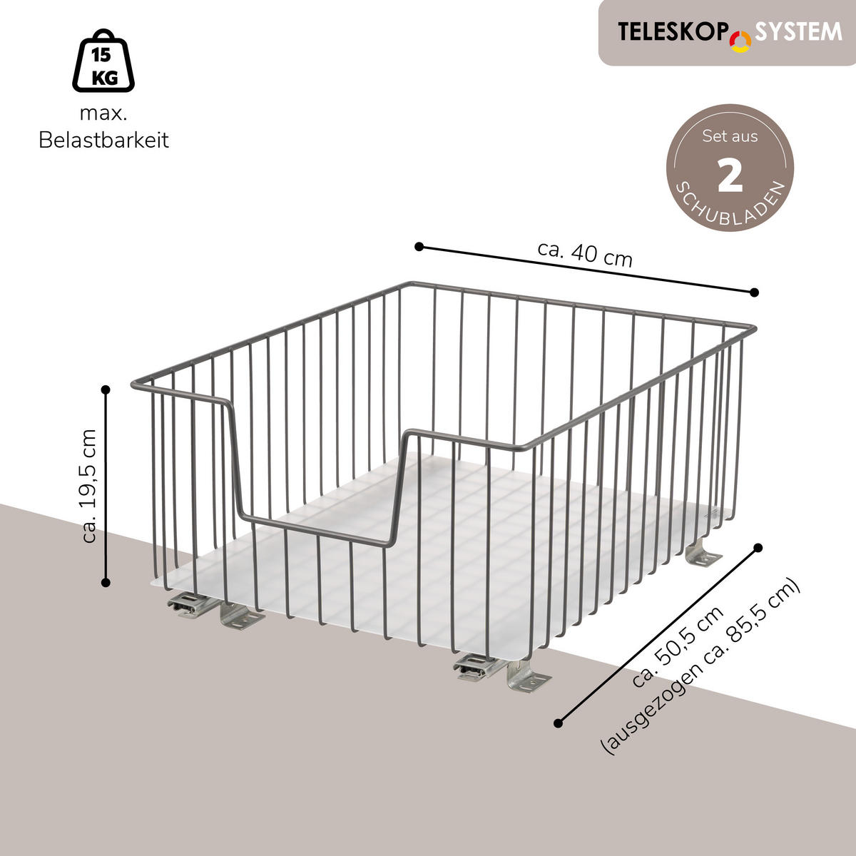 SCHRANK-KORBAUSZUG 40 cm, grau, Metall - Grau, Metall (40/23/50.5cm) - bremermann