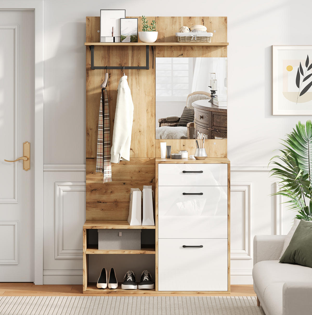 GARDEROBENSET mit Spiegel und Schuhbank 100 x 38,5 x 190 cm Weiß/Natur - Weiß, Holzwerkstoff (38.5/190/100cm) - Beauniv