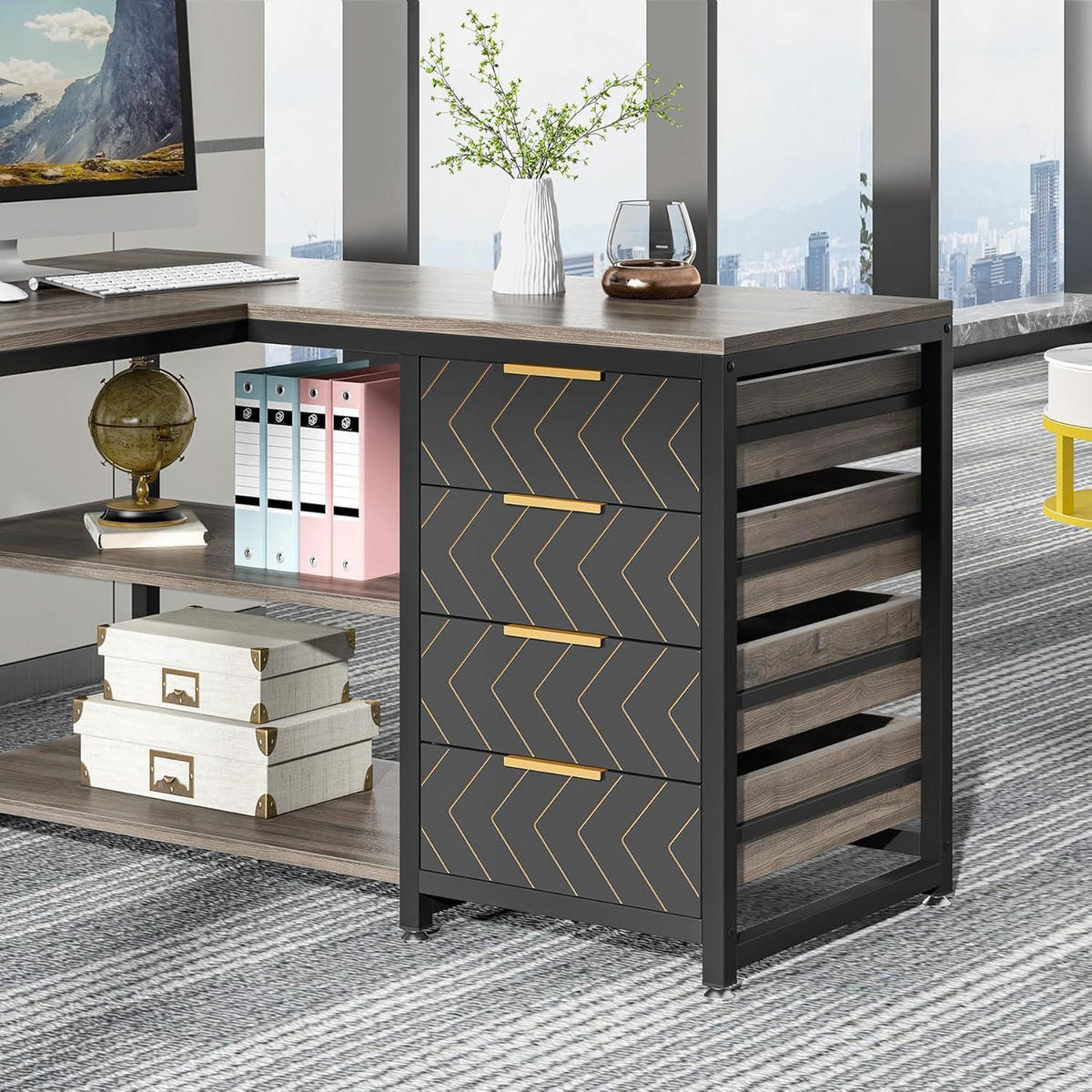 L-FORM Schreibtisch mit 4 Schubladen 150 x 110 x 75 cm Grau - Braun, Holzwerkstoff (110/150/75cm)