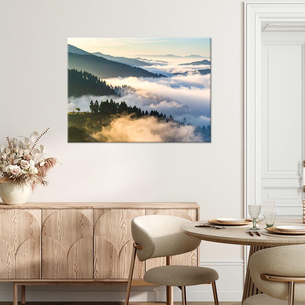 LEINWANDBILD Wald Berge im Nebel Landschaft 120x80cm - Grau, Textil (120/80cm) - Feeby