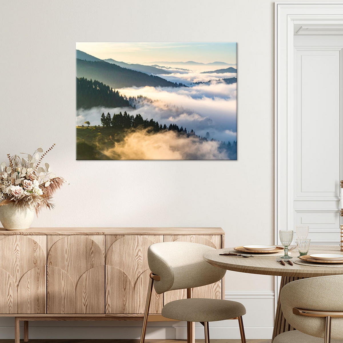 LEINWANDBILD Wald Berge im Nebel Landschaft 120x80cm - Grau, Textil (120/80cm) - Feeby