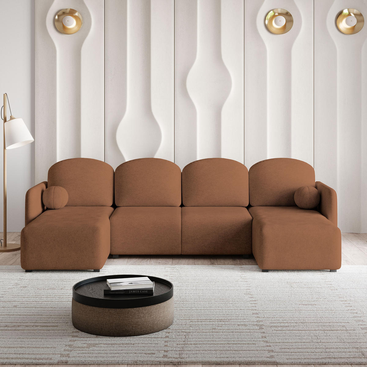 ROHOVÁ SEDAČKA NUBERO měděná - šedá/měděná, dřevo/textil (285/143cm) - MASSENO