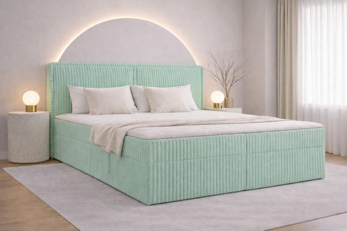BOXBETT 04 180 x 200 cm - Ambience – Modernes Polsterbett mit Bettkasten, Topper und gepolstertem Kopfteil, Stoffbezug, Stauraumbett - Mintgrün, Holz (180/200cm) - ROYAL24_MARKT