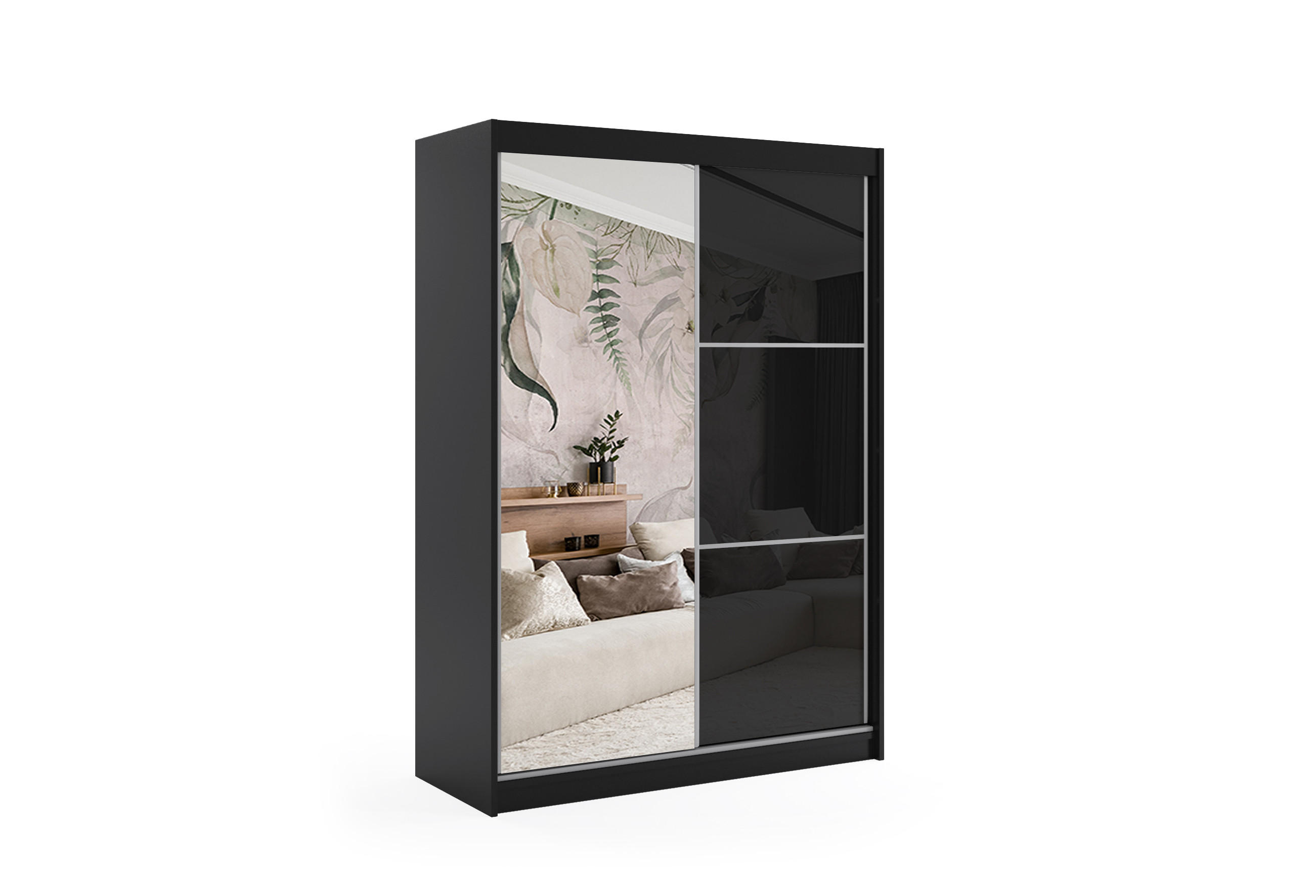 KLEIDERSCHRANK mit Spiegel-Schiebetüren und Aluminium-Leisten - VIVONA - 120 cm Schwarz - Schwarz, Holzwerkstoff (120/216/61cm) - ALTDECOR