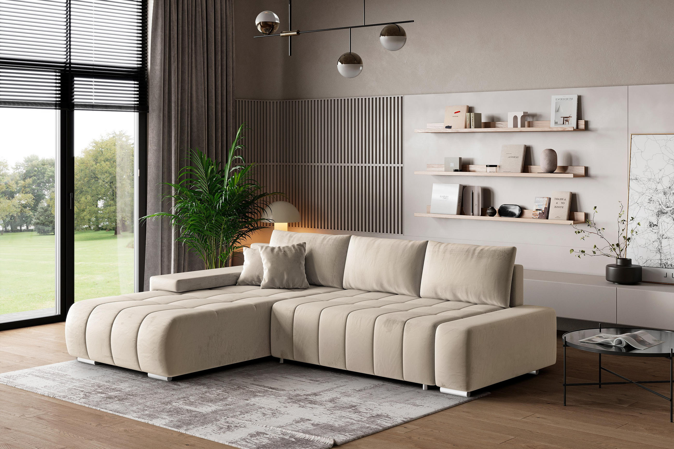 ECKSOFA ALESE L-S Creme Velours-Stoff mit Schlaffunktion - Creme, Holz (265/185cm) - MASSENO