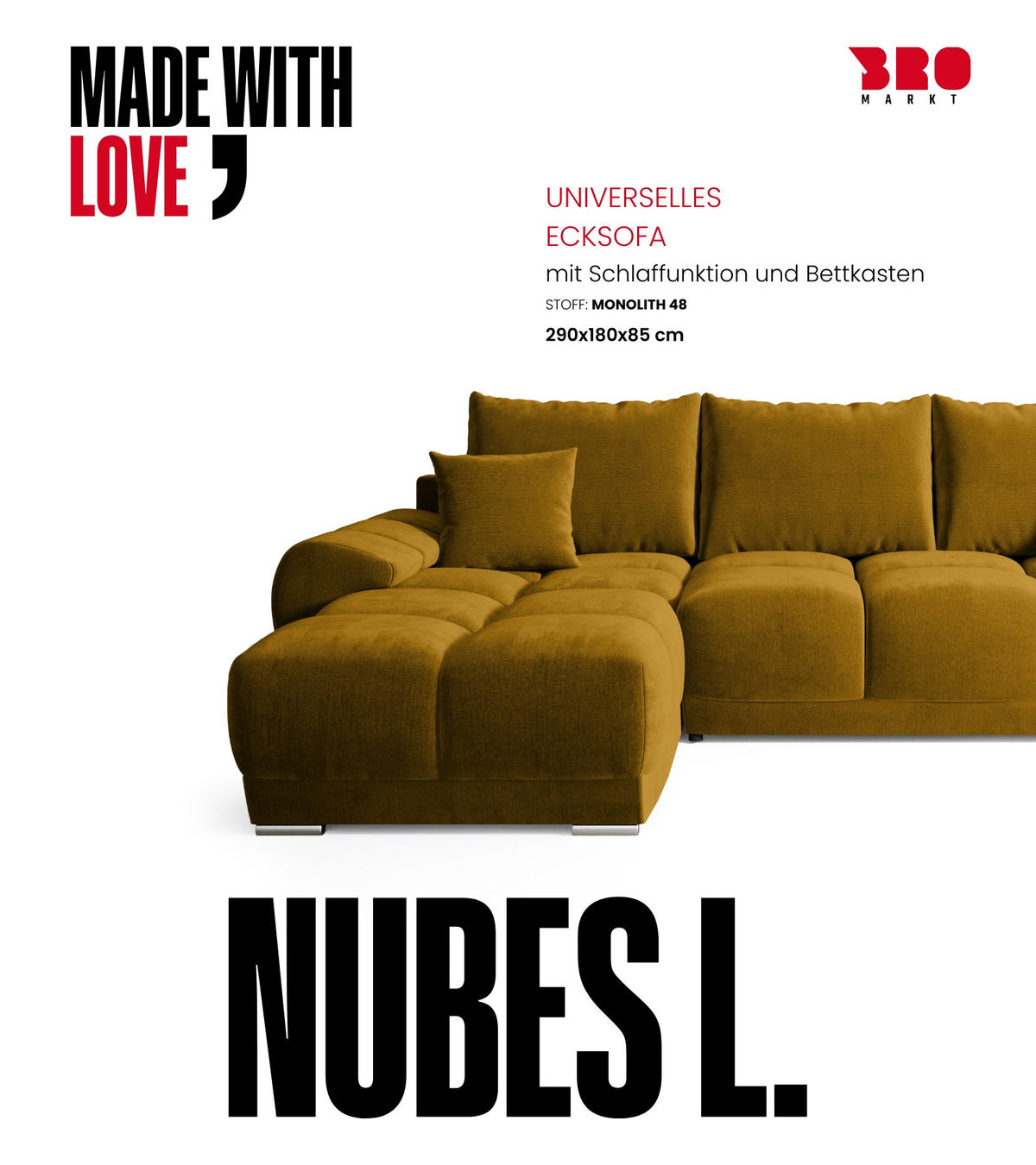 ECKSOFA Nubes mit Schlaffunktion Gelb Plüsch - Gelb/Silberfarben, Kunststoff/Textil (290/180cm) - Bromarkt