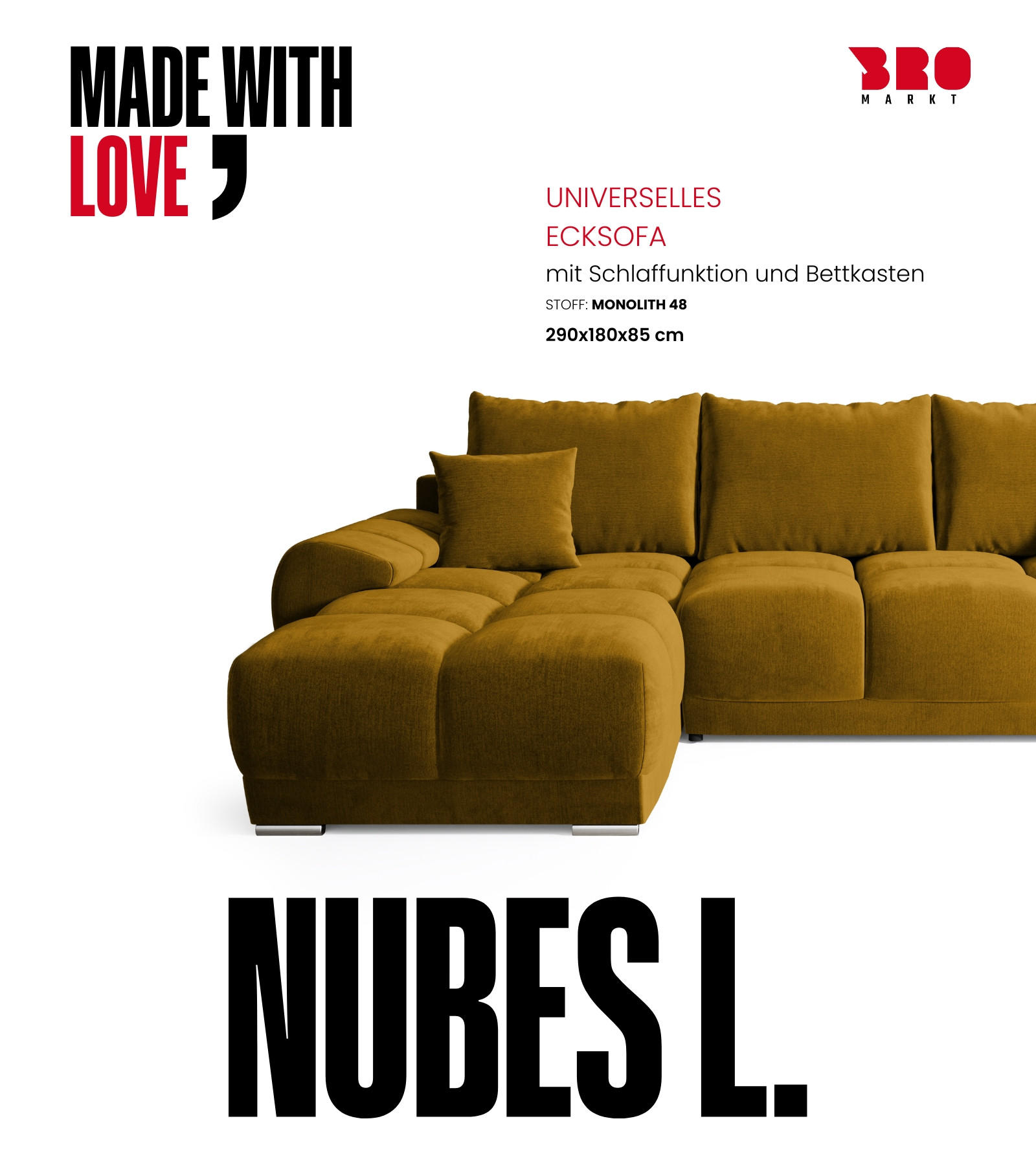 Thumbnail - Bromarkt Ecksofa, Gelb, Textil, 3-Sitzer, L-Form,L-Form, 290x180 cm, Wohnzimmer, Sofas & Couches, Wohnlandschaften, Ecks...