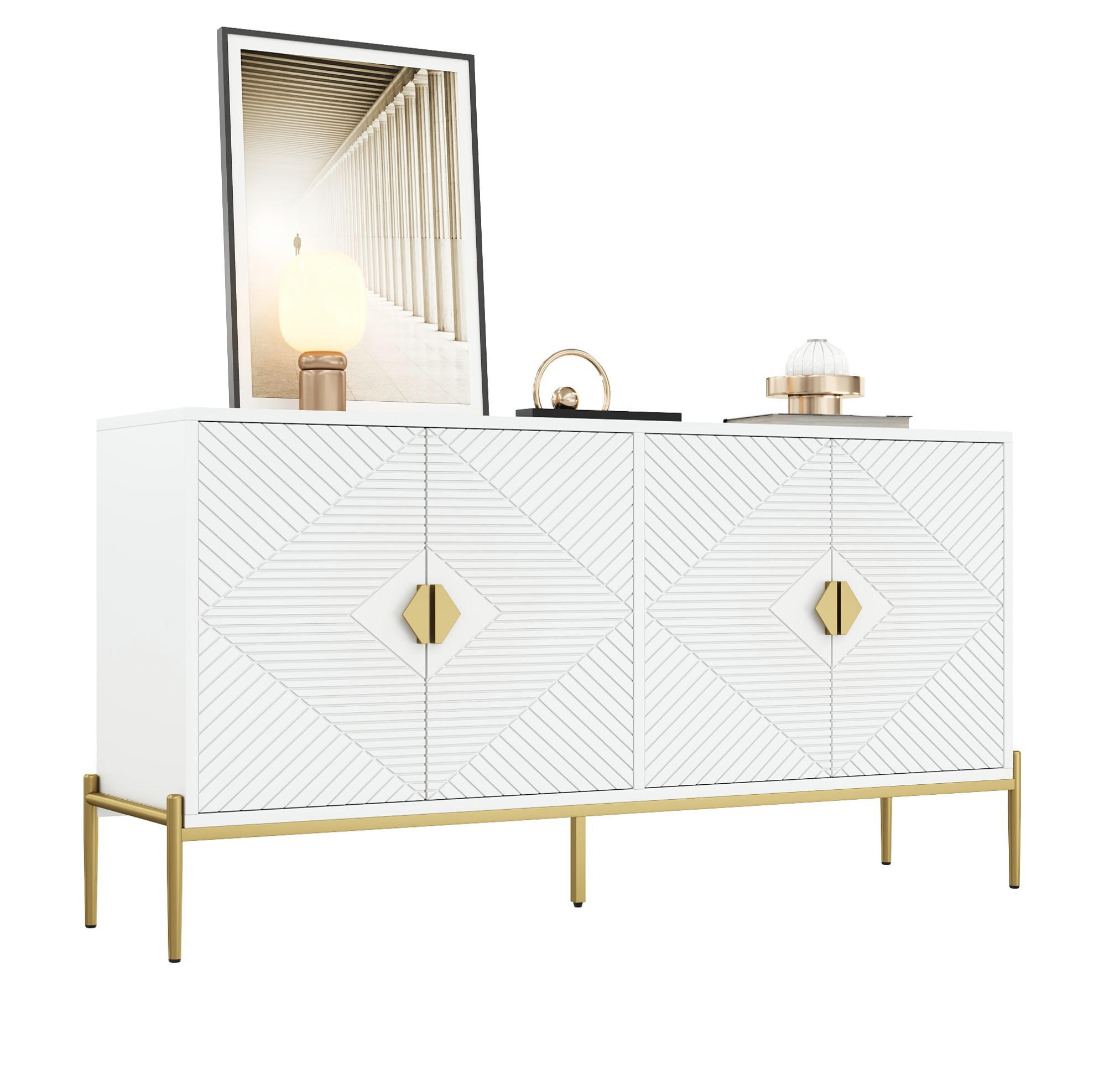 SIDEBOARD 162/40/80 cm, 4 Türen, Weiß mit geometrischem 3D-Muster, goldene Griffe und Metallbeine, Weiß - Weiß, Holzwerkstoff (162/80/40cm) - Redom