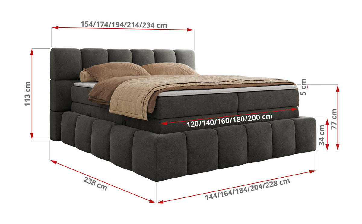 BOXSPRINGBETT NIRA KING 140/200 Dunkelgrau Velvet - H3 - Dunkelgrau, Holz/Textil (140/200cm) - MKS