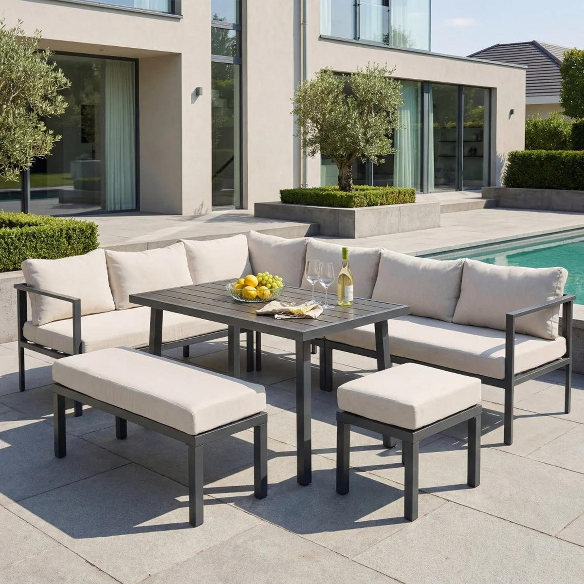 DINING-LOUNGESET 9-teilig, Ecksofa für Terrasse - Beige, Textil - Kaket