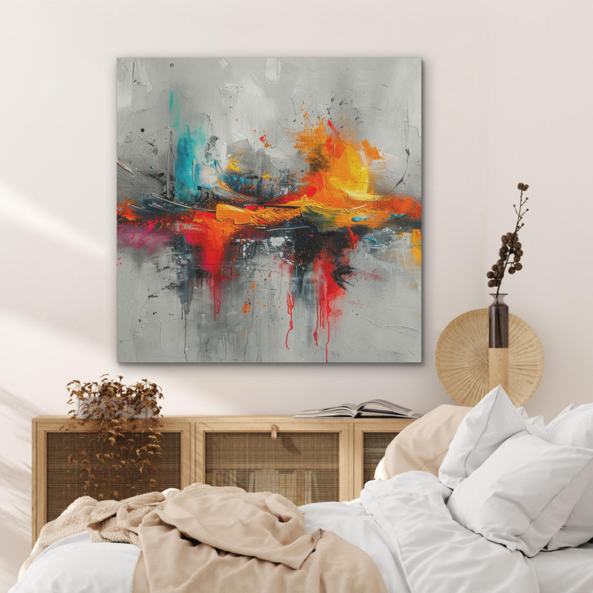 AKUSTIKPANEEL Moderne Kunst - Orange - Grau - Abstrakt 90x90 cm - Hellgrau, Textil (90/0.9/90cm) - MuchoWow