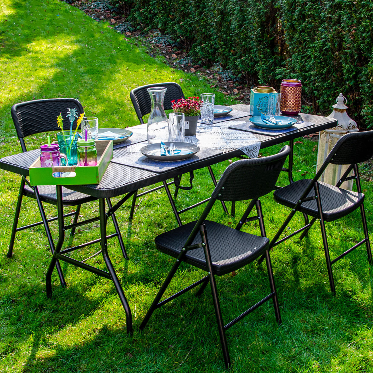 GARTEN-SITZGRUPPE für 4 Personen, 180/74cm, Rattan - Schwarz, Kunststoff - Amanka