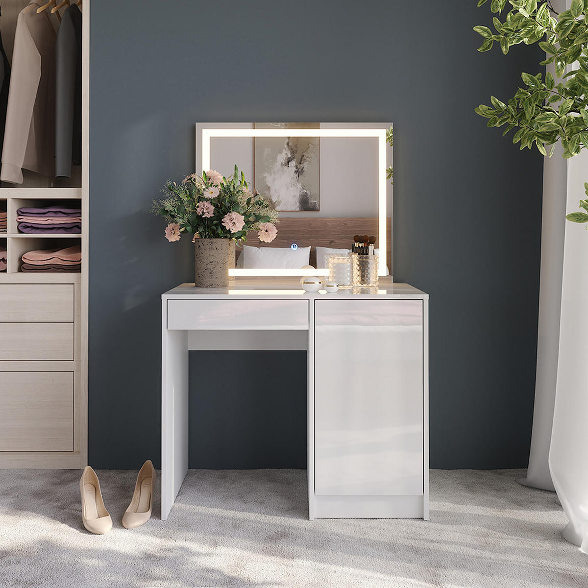 SCHMINKTISCH Sherry Weiß/Weiß Hochglanz 89.8 cm mit LED-Spiegel - Weiß Hochglanz, Holzwerkstoff (89.8/76/50.1cm) - Vicco