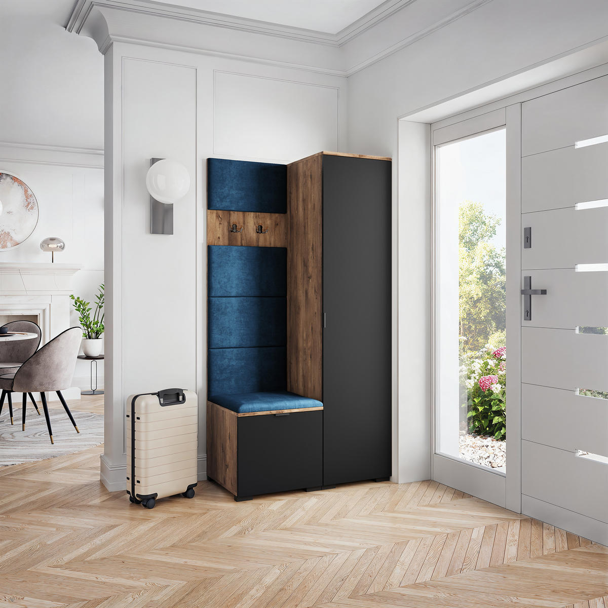 GARDEROBENSCHRANK LORI 95/181/51 cm Modern Garderobe-Set Eiche Lefkas - Blau/Eichefarben, Holzwerkstoff (95/181/51cm) - MASSENO