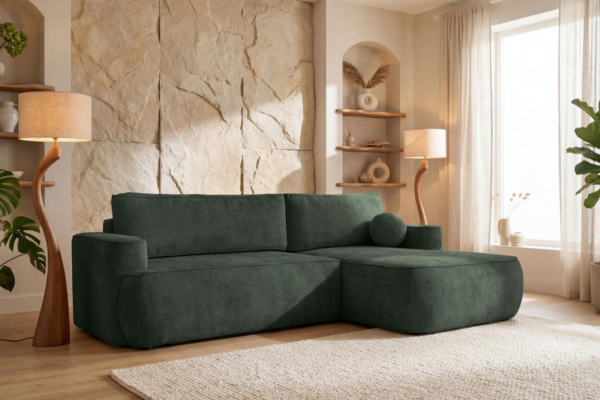 ECKSOFA Marion mit Schlaffunktion & Bettkasten in Chenille Dunkelgrün, Rechts 267/154/83 cm - Dunkelgrün/Schwarz, Kunststoff/Textil (267/154cm) - WFL GROUP