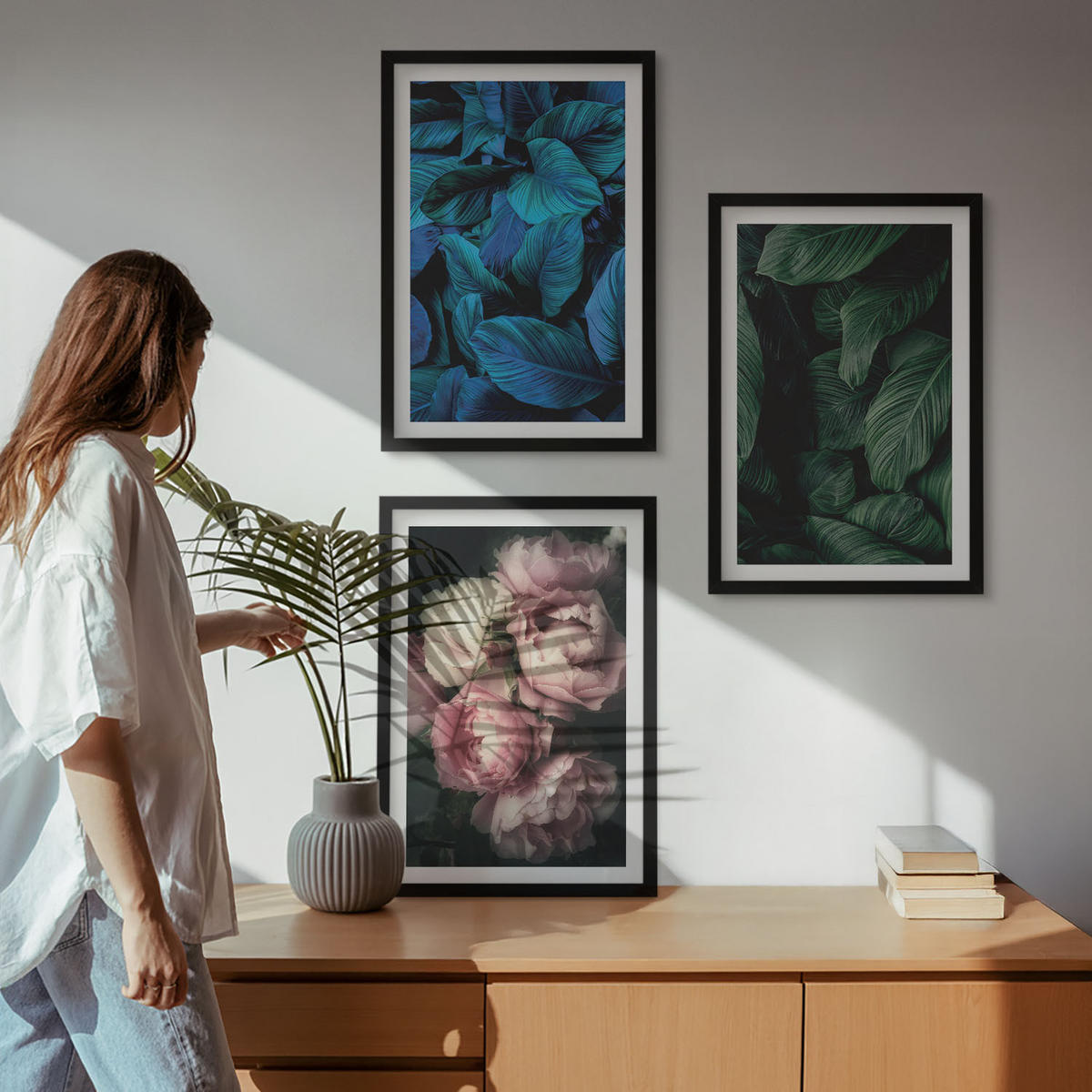WANDBILDER 3er-Set - 40x60 cm Schwarzer Rahmen - Blätter, Blüten, verschiedene Farben - Schwarz, Kunststoff (40/60cm) - ArtPrintCave