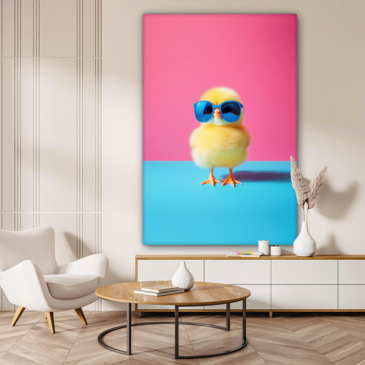 LEINWANDBILD Chick - Sonnenbrille - Blau Deko Groß 90x140 cm - Pink/Gelb, Textil (90/140cm) - MuchoWow